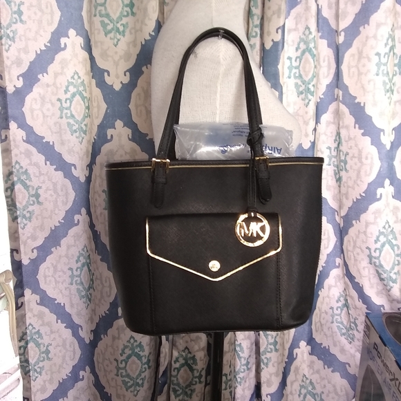 Michael Kors Handbags - Michael Kors Leather Tote, black with gold trim EUC